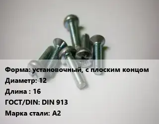 Винт установочный, с плоским концом 12х16 DIN 913 Сталь: А2